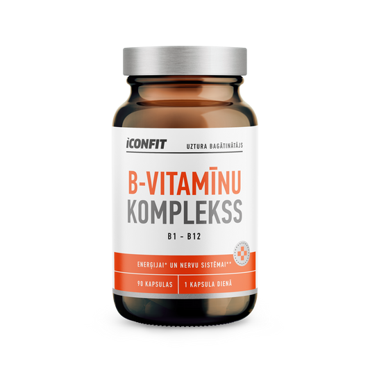 ICONFIT B-Vitamīnu Kompleksa uztura bagātinātājs ar B1 līdz B12 vitamīniem, 90 kapsulas enerģijai un nervu sistēmas veselībai